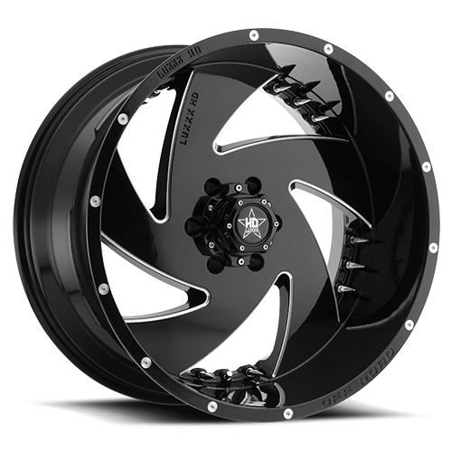 Luxxx HD Offroad LHD-6 Gloss Black Milled With Chrome Spike Rivets - Part Number LHD624128165-49J-A1-11 Luxxx HD Offroad LHD-6 Gloss Black Milled With Chrome Spike Rivets Photo